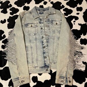 George Light Wash Denim Jacket with Beaded Fringe Sleeves
